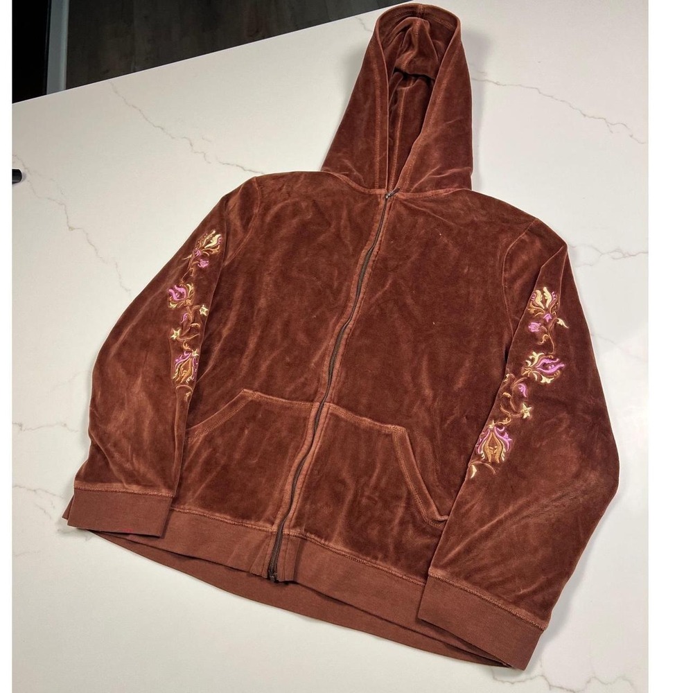 Relativity Velour Hoodie Womens Large Brown Floral Embroidered Zip‎ Up Y2K
